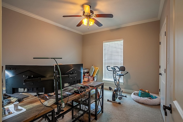 3570 Mystic Ln, Beaumont, TX 77713 - home office featuring ceiling fan, carpet, crown molding, and baseboards