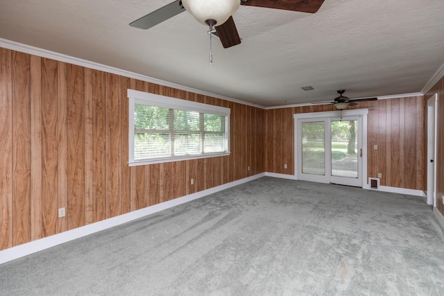 unfurnished room with a ceiling fan, wood walls, and a wealth of natural light