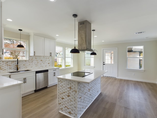 kitchen featuring island range hood, white cabinetry, dishwasher, sink, and black electric cooktop