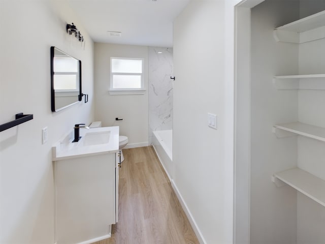 bathroom featuring vanity, wood-type flooring, and toilet