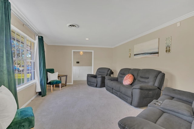 living room featuring light colored carpet and ornamental molding