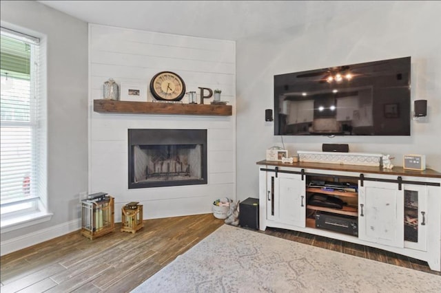 bar featuring a large fireplace, a healthy amount of sunlight, and wood finished floors