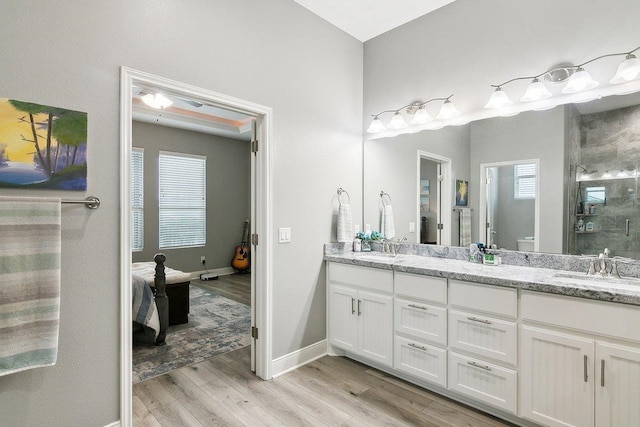 bathroom featuring toilet, vanity, a shower with door, and hardwood / wood-style floors