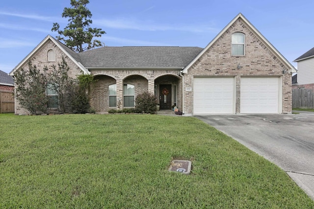 view of front of house featuring a front yard and a garage