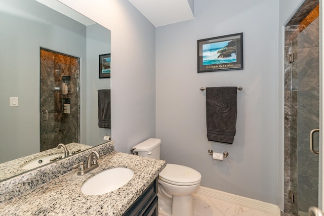 bathroom featuring toilet, marble finish floor, baseboards, and a stall shower