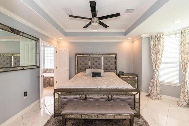 bedroom with multiple windows, crown molding, visible vents, and baseboards