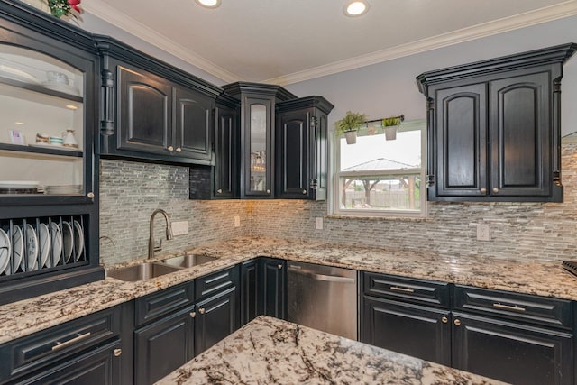 kitchen featuring light stone counters, ornamental molding, glass insert cabinets, a sink, and dishwasher