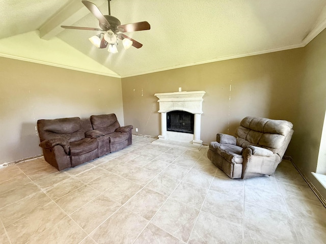 857 Sharp St, Bridge City, TX 77611 - living area with a ceiling fan, light tile patterned flooring, a fireplace with raised hearth, crown molding, and a textured ceiling