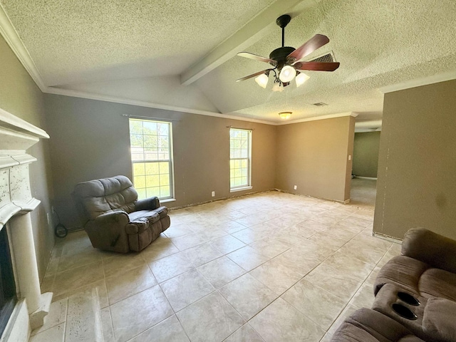 857 Sharp St, Bridge City, TX 77611 - unfurnished room featuring a textured ceiling, a ceiling fan, light tile patterned flooring, and crown molding