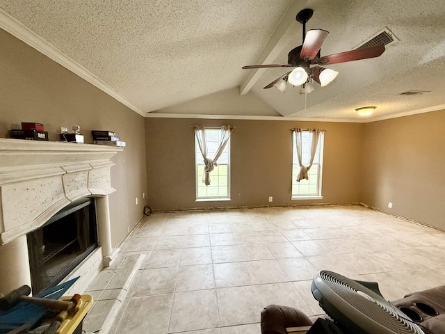 unfurnished living room featuring visible vents, a fireplace, and vaulted ceiling with beams