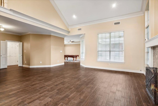 unfurnished living room with dark hardwood / wood-style floors, ceiling fan, ornamental molding, and billiards