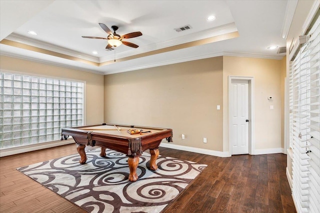 recreation room with dark wood-type flooring, pool table, and a tray ceiling