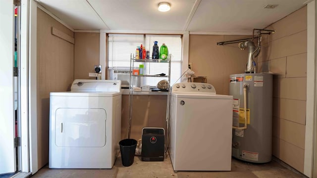 laundry room with water heater and washer and dryer