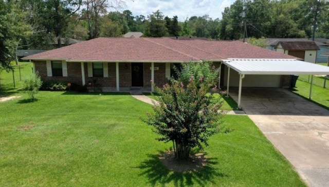 ranch-style house featuring covered porch and a front yard