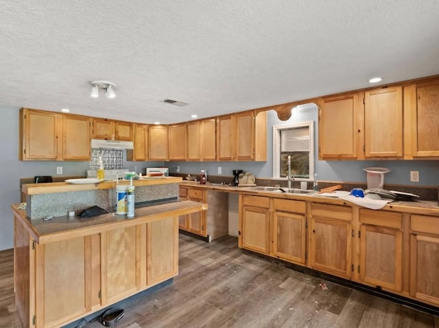 19995 S Fm 92, Fred, TX 77616 - kitchen with under cabinet range hood, a textured ceiling, dark wood-style floors, recessed lighting, and a center island