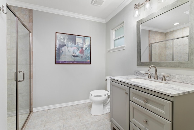 935 Nichols Dr, Beaumont, TX 77706 - full bathroom featuring vanity, a shower stall, ornamental molding, and tile patterned floors