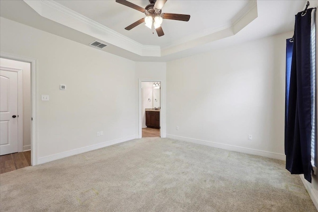4406 Sequoia, Orange, TX 77630 - unfurnished room featuring carpet floors, a raised ceiling, ceiling fan, ornamental molding, and baseboards