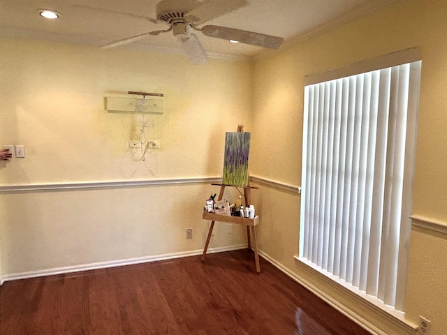 interior space with ceiling fan, dark hardwood / wood-style flooring, and ornamental molding