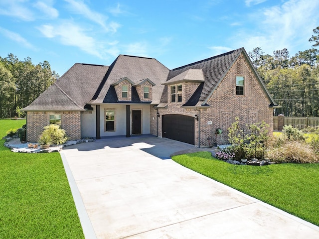 view of front of house featuring a garage and a front lawn