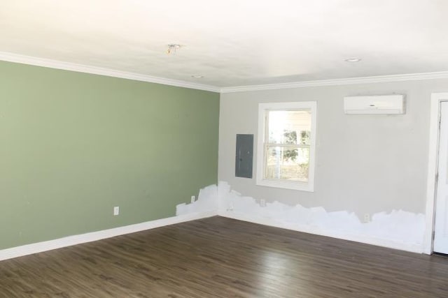 spare room with a wall mounted air conditioner, dark hardwood / wood-style floors, crown molding, and electric panel