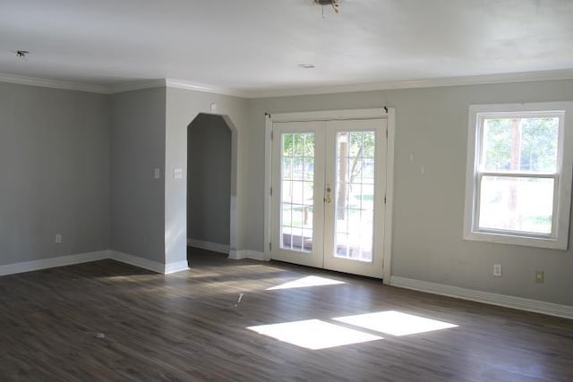 empty room featuring french doors, plenty of natural light, and ornamental molding