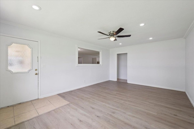 1336 Beagle Rd, Orange, TX 77632 - empty room with ornamental molding, ceiling fan, wood finished floors, and recessed lighting