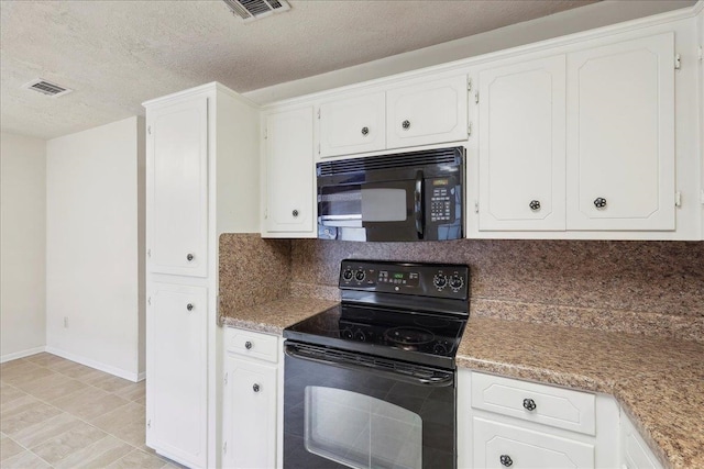 kitchen with white cabinetry, black appliances, tasteful backsplash, and visible vents