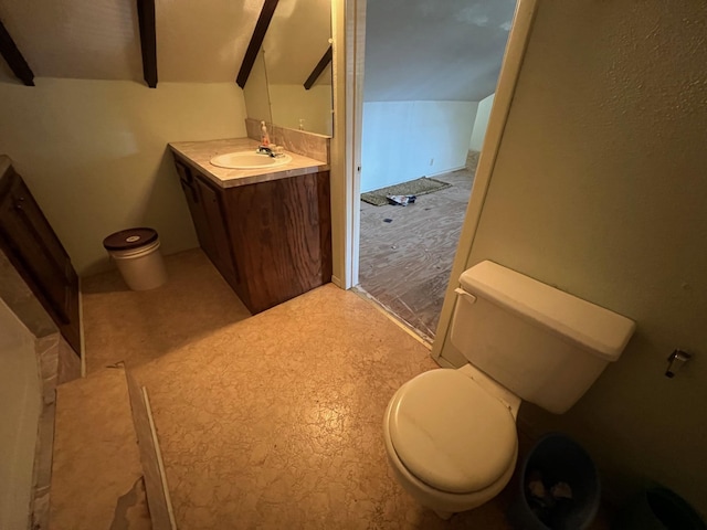 bathroom with vanity, toilet, and lofted ceiling