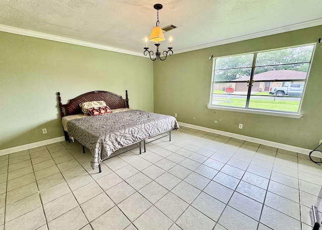 bedroom featuring crown molding, light tile patterned floors, baseboards, and a textured ceiling