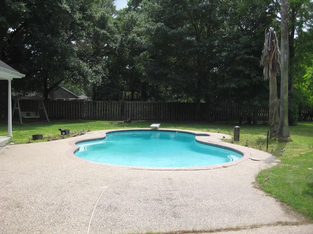 view of pool featuring a patio area, a diving board, and a yard