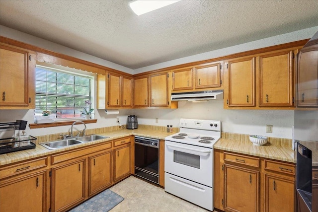 kitchen featuring black dishwasher, under cabinet range hood, light countertops, a sink, and electric stove