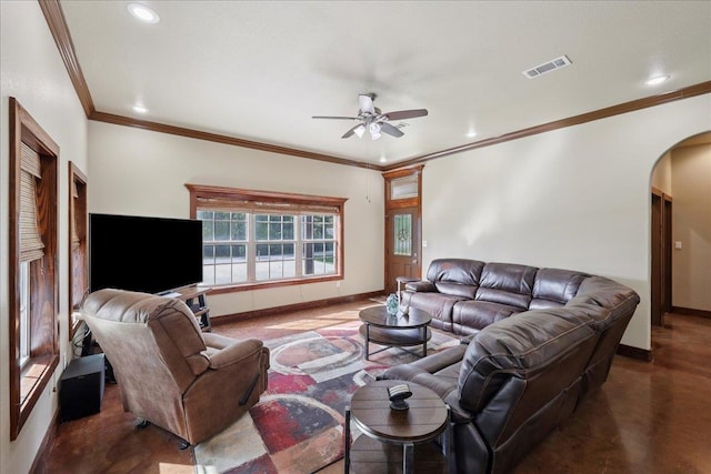 1291 Beachrock Dr, Brookeland, TX 75931 - living room with arched walkways, ceiling fan, ornamental molding, and recessed lighting