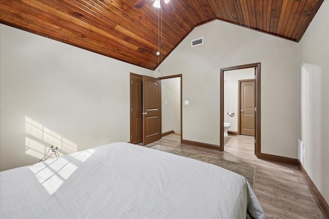 1291 Beachrock Dr, Brookeland, TX 75931 - bedroom featuring wood ceiling, connected bathroom, high vaulted ceiling, and wood finished floors