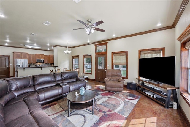 1291 Beachrock Dr, Brookeland, TX 75931 - living area with ceiling fan, recessed lighting, ornamental molding, and a chandelier