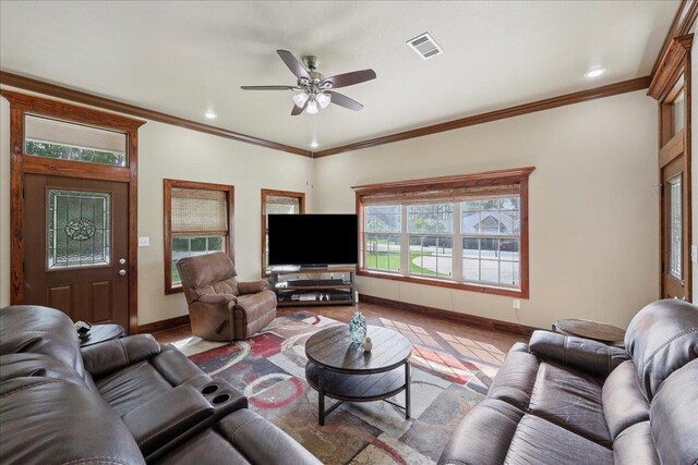 1291 Beachrock Dr, Brookeland, TX 75931 - living area featuring crown molding, ceiling fan, and recessed lighting
