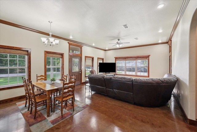 1291 Beachrock Dr, Brookeland, TX 75931 - dining room featuring finished concrete flooring, crown molding, a chandelier, ceiling fan, and recessed lighting
