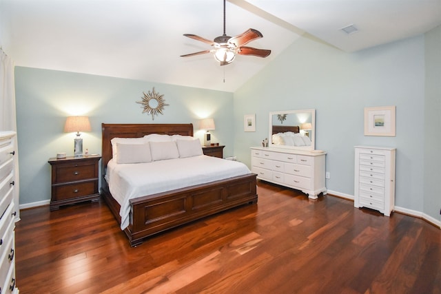 4795 Chadwick Dr, Beaumont, TX 77706 - bedroom with dark wood-type flooring, ceiling fan, high vaulted ceiling, and baseboards