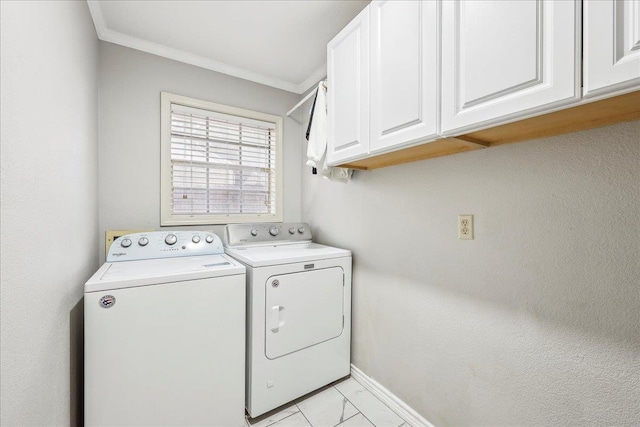 5938 W Madison Blvd, Groves, TX 77619 - laundry area with cabinet space, washing machine and clothes dryer, crown molding, and baseboards