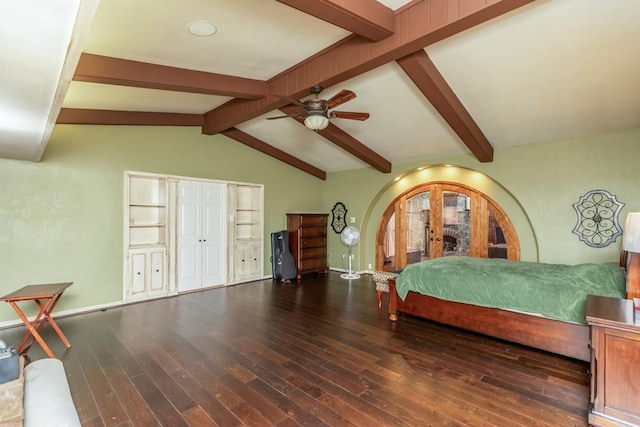 bedroom with ceiling fan, french doors, lofted ceiling with beams, and hardwood / wood-style flooring