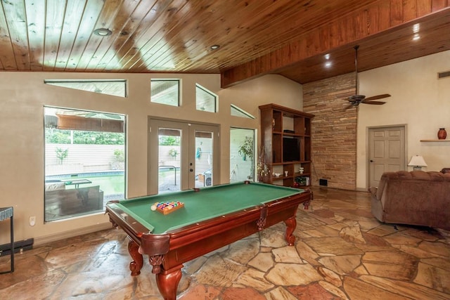 playroom with ceiling fan, wooden ceiling, billiards, and french doors