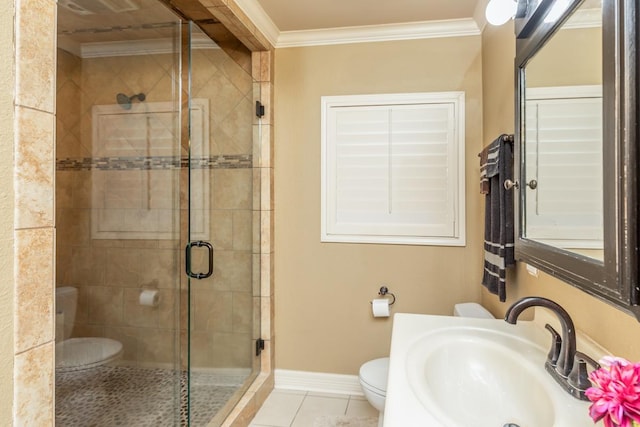 bathroom featuring ornamental molding, tile patterned floors, a shower with shower door, and sink