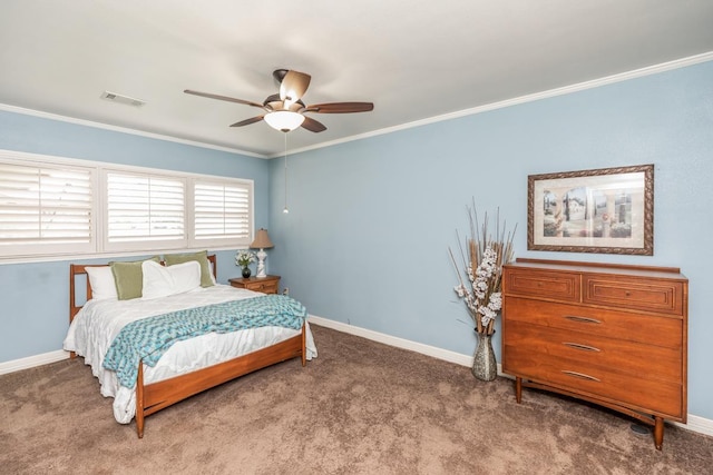 bedroom with carpet, ceiling fan, and ornamental molding