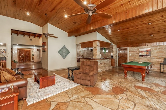 rec room with a towering ceiling, wooden ceiling, and billiards