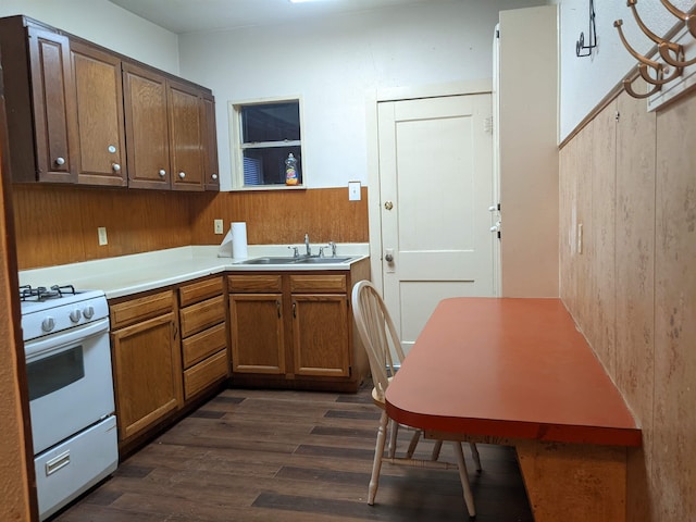 kitchen featuring white stove, wooden walls, dark wood-type flooring, and sink