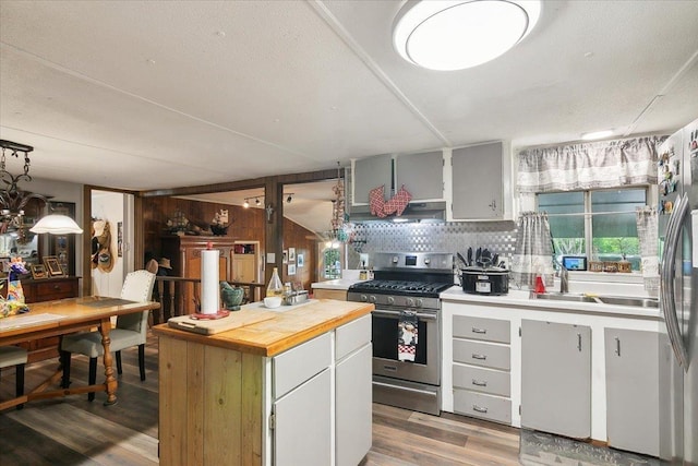 kitchen with backsplash, stainless steel appliances, sink, hardwood / wood-style flooring, and range hood