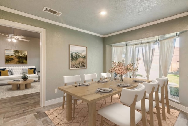 dining room featuring ceiling fan, crown molding, and a textured ceiling