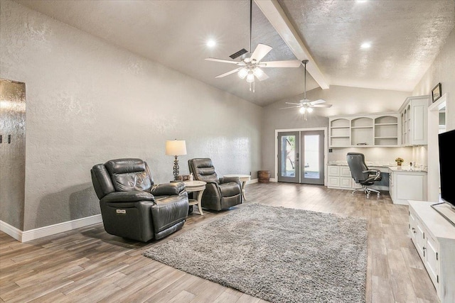 living room featuring vaulted ceiling with beams, built in desk, wood-type flooring, and french doors