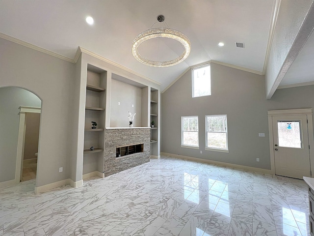 unfurnished living room featuring crown molding, a stone fireplace, high vaulted ceiling, and built in features