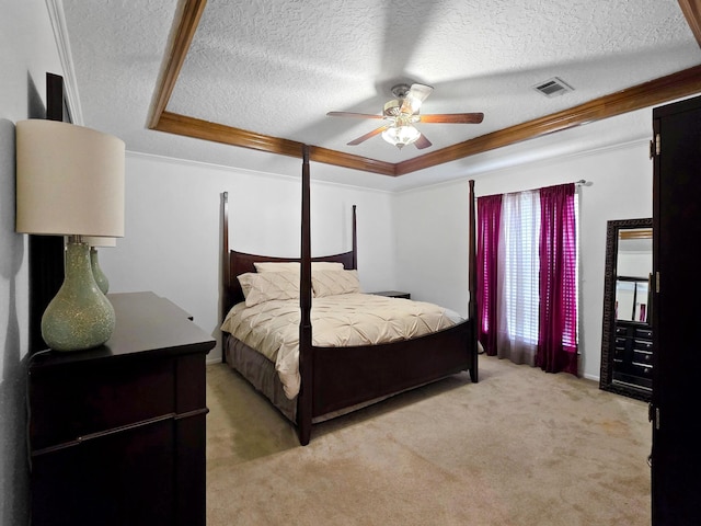 1940 Sams Way, Beaumont, TX 77706 - bedroom with light carpet, crown molding, a textured ceiling, and ceiling fan