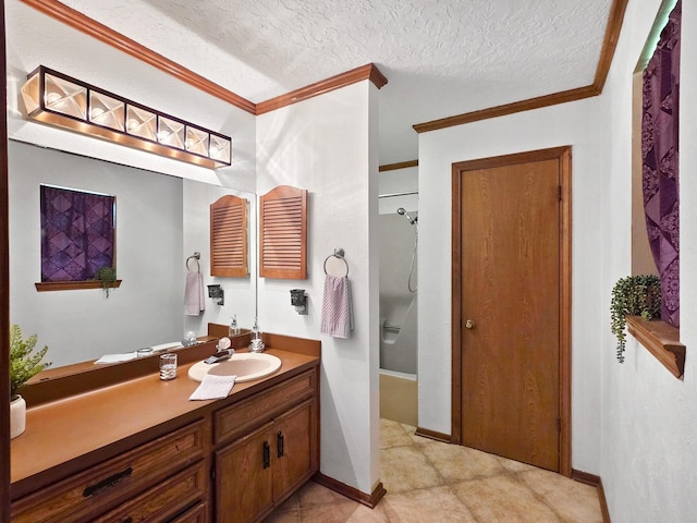 1940 Sams Way, Beaumont, TX 77706 - full bath with vanity, crown molding, shower / bath combo with shower curtain, tile patterned floors, and a textured ceiling
